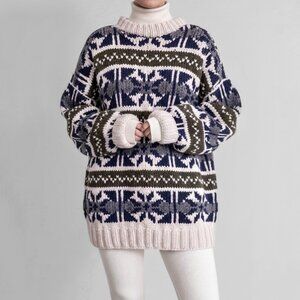 Vintage 100% Wool Scandi Nordic Sweater Cabincore Apres Ski Blue Cream Fair Isle